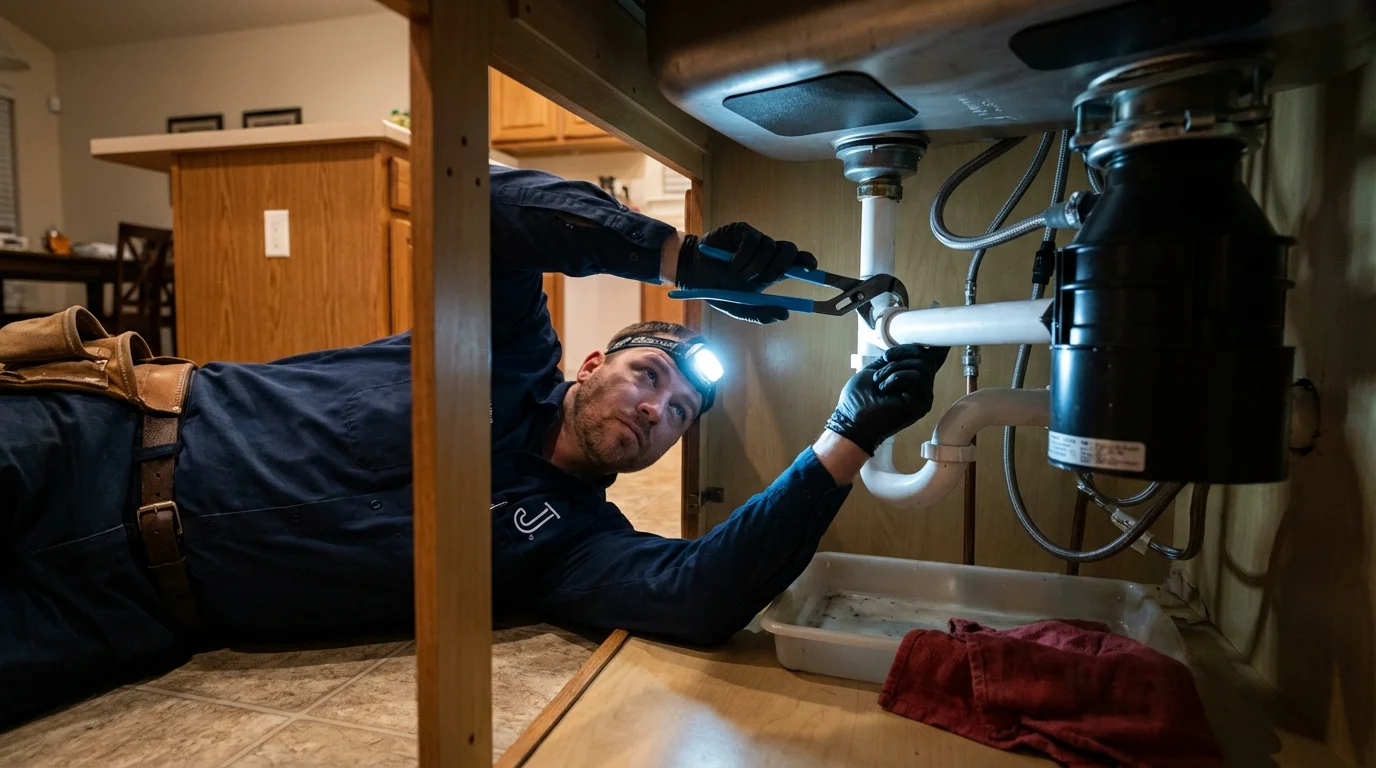 P-trap and supply line connections under a kitchen sink showing a common leak point in Humboldt, IA